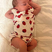 Kyra is registered to the contest to win money with this photo: apparel, baby, blanket, child, clothing, cute, face, foot, hand, head, indoor, infant, newborn, peaceful, person, quilt, relaxing, skin, sleeping, strawberry_pattern