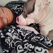 Rayne is registered to the contest to win money with this photo: person, dog, blanket, face, smile, licking, indoor, resting, cozy, affection, closeup, comfort, pet, friendship, expression, fur, human, relaxation, animal, bond