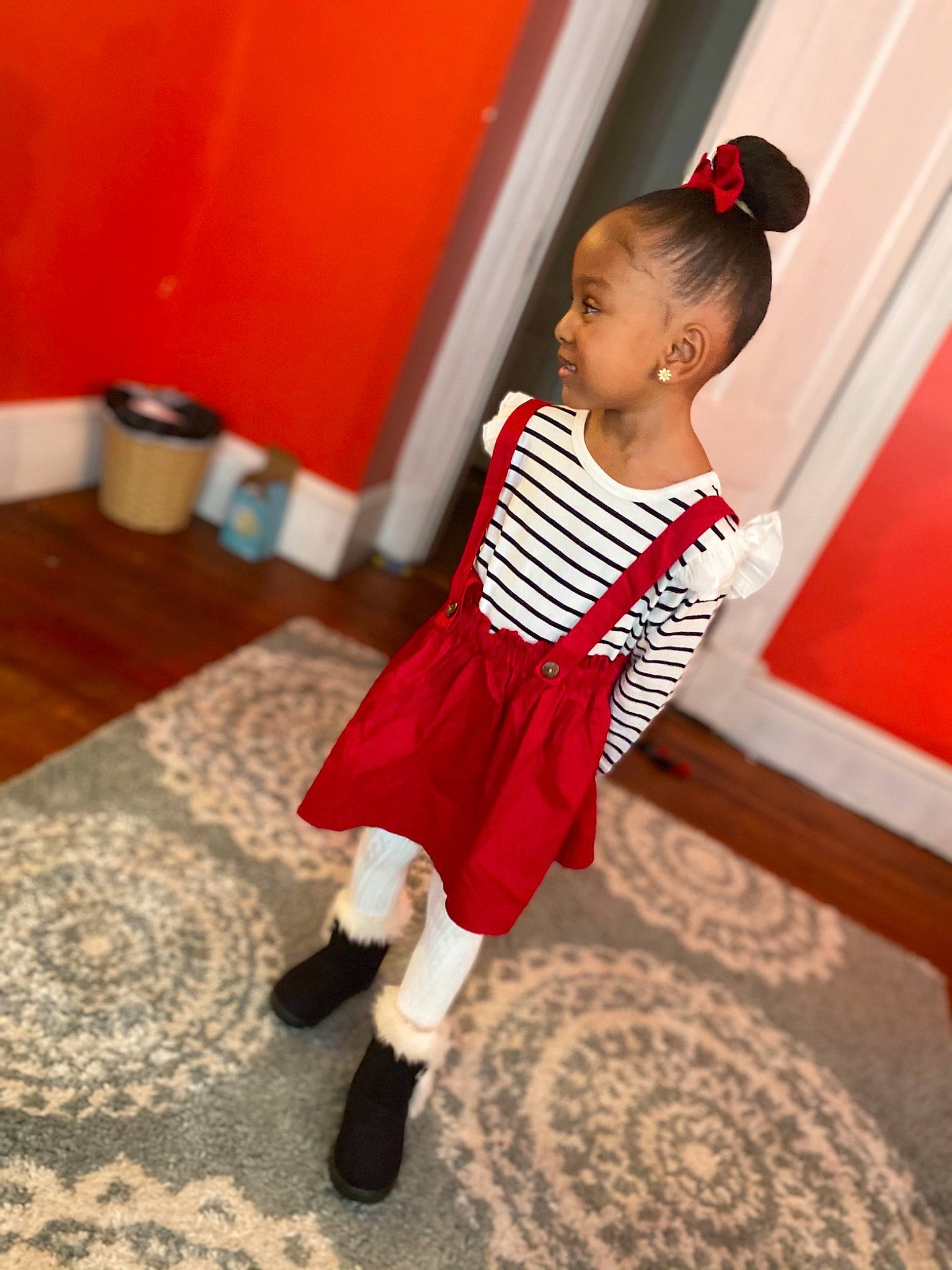 Elaina joined the competition — help win amazing prizes! baby, baby_toddler_clothing, child, dress, fashion_design, floor, flooring, fun, hardwood, human_body, human_leg, knee, pattern, person, shoe, sleeve, sock, standing, toddler, waist