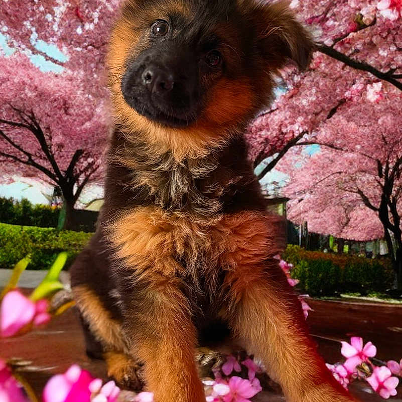 Vaiana participe au concours pour gagner de l'argent avec cette photo : animal, cherry_blossom, close_up, cute, dog, flower, fluffy, garden, german_shepherd, grass, head_tilt, nature, outdoor, pet, pink_flower, puppy, spring, sunlight, tree, young_dog