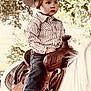 child, cowboy_hat, horse, saddle, denim_jeans, striped_shirt, boots, outdoor, nature, tree, leaves, portrait, riding, western, young_child, animal, equestrian, sunlight, daytime, cute