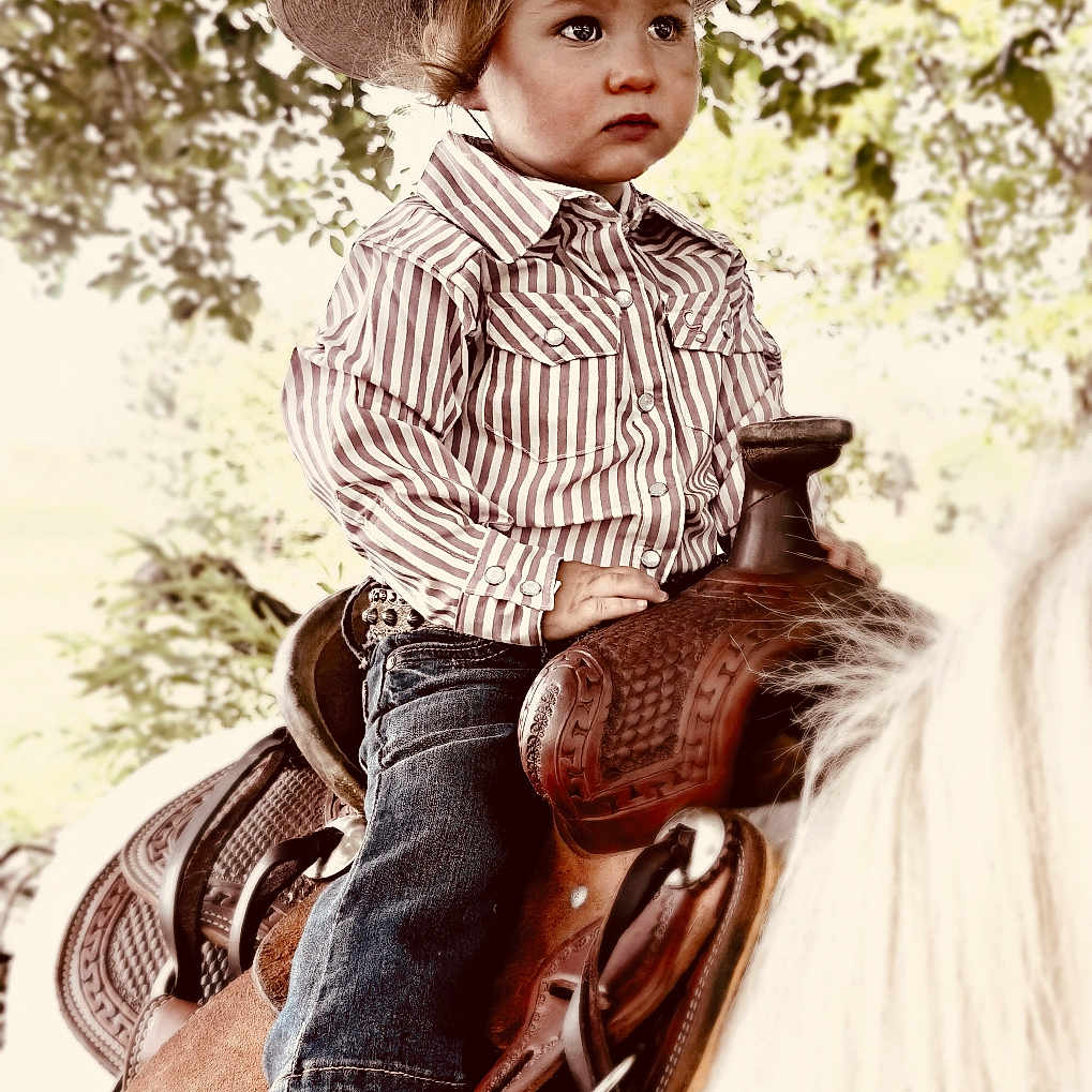 Lainey is registered to the contest to win money with this photo: animal, boots, child, cowboy_hat, cute, daytime, denim_jeans, equestrian, horse, leaves, nature, outdoor, portrait, riding, saddle, striped_shirt, sunlight, tree, western, young_child