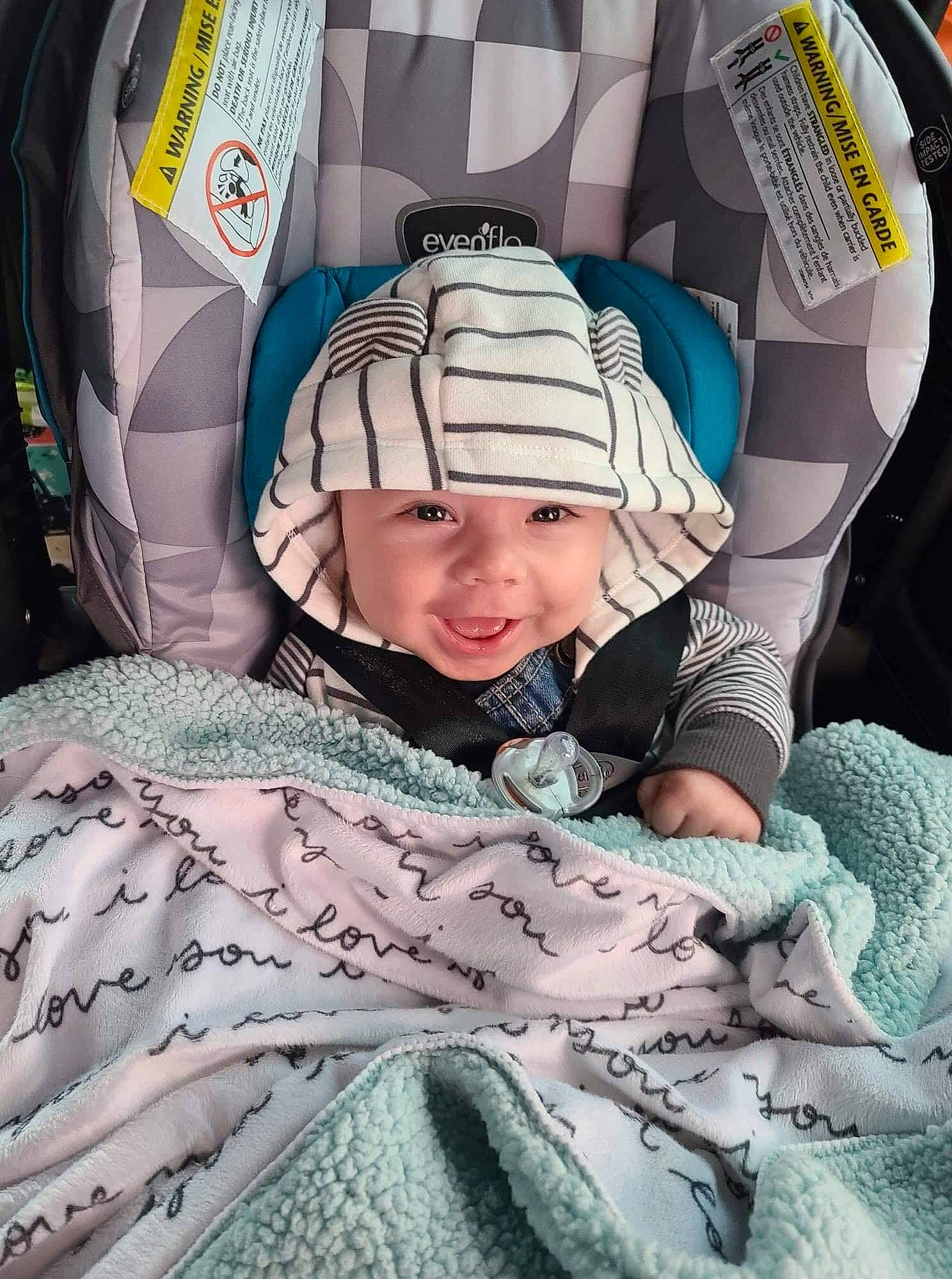 Austyn joined the competition — help win amazing prizes! baby, baby_in_car_seat, baby_products, baby_sleeping, baby_toddler_clothing, bedding, bedtime, cap, car_seat, car_seat_cover, child, comfort, happy, headwear, joy, knit_cap, linens, pattern, person, smile