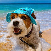 Sweety a rejoint le concours — aidez-le/la à gagner de superbes lots ! dog, beach, sand, ocean, waves, hat, blue, pet, canine, summer, water, happy, animal, outdoor, sunny, playful, collar, paw, foam, relaxation