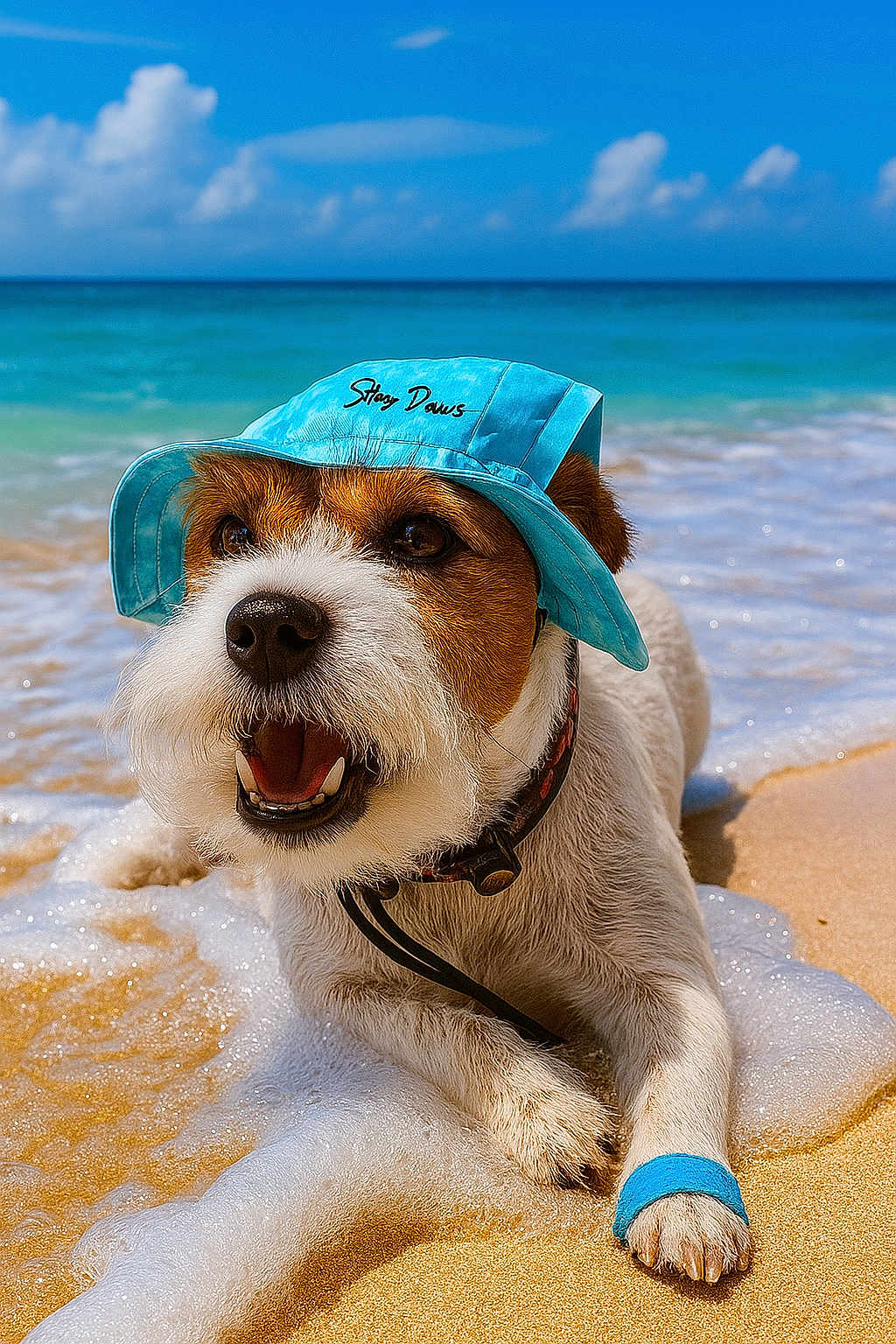 Sweety a rejoint le concours — aidez-le/la à gagner de superbes lots ! dog, beach, sand, ocean, waves, hat, blue, pet, canine, summer, water, happy, animal, outdoor, sunny, playful, collar, paw, foam, relaxation