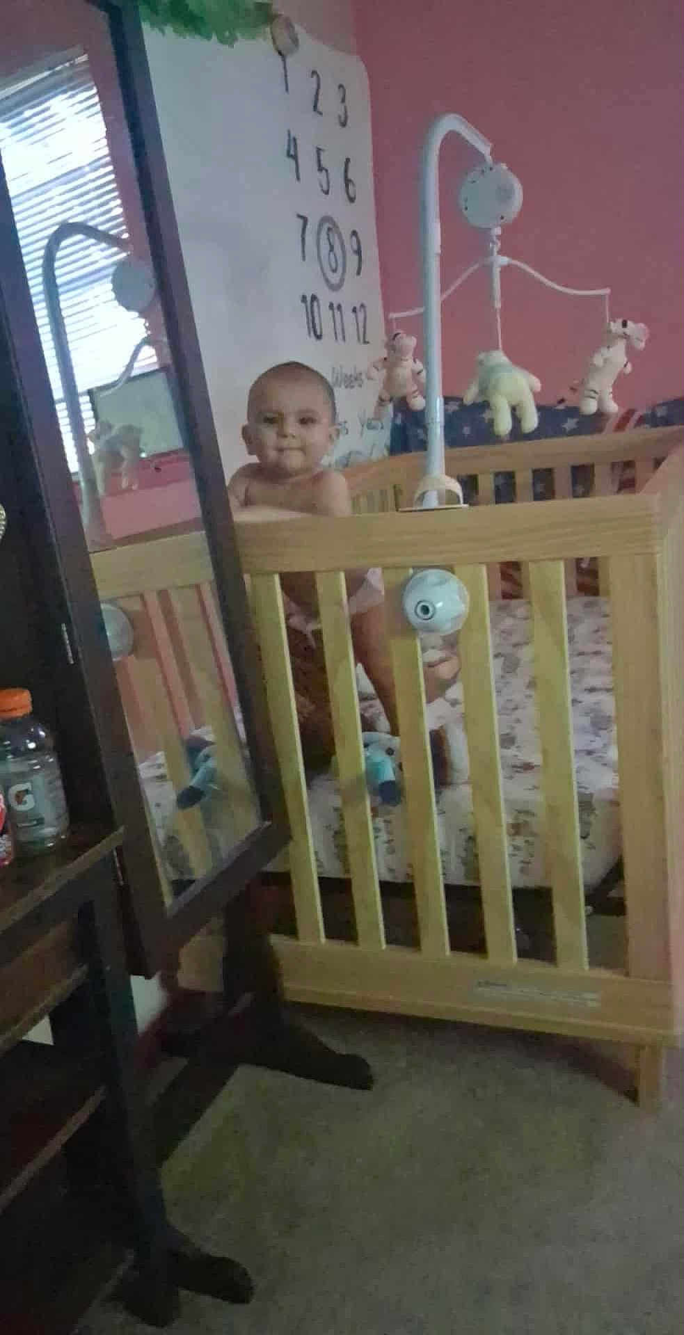 Bryson joined the competition — help win amazing prizes! baby, crib, wooden_crib, mobile, plush_toys, mirror, calendar, pink_wall, floor, indoor, child, toy, furniture, reflection, person, standing, diaper, room, curious, calm