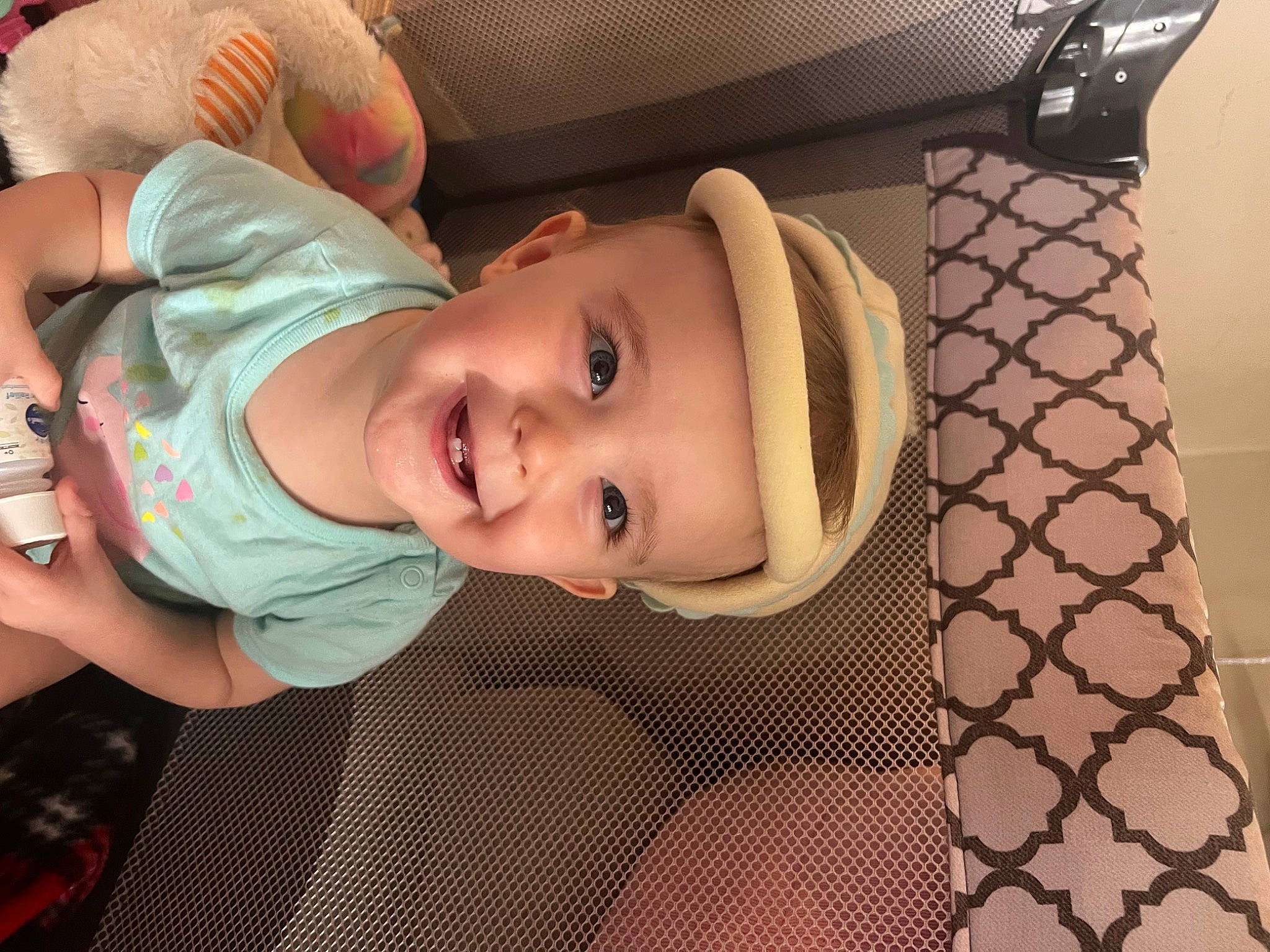 Illiana is registered to the contest to win money with this photo: baby, baby_products, baby_toddler_clothing, cheek, child, eyelash, fashion_accessory, fun, happy, hat, headwear, joy, lip, nose, pattern, person, shipping_box, sitting, skin, smile