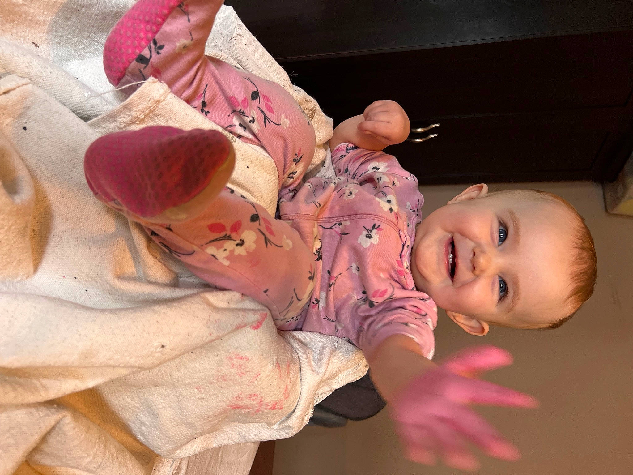 Illiana joined the competition — help win amazing prizes! baby, baby_toddler_clothing, child, comfort, flesh, flooring, fun, happy, joy, magenta, mouth, nose, peach, person, pink, room, skin, sleeve, smile, sunglasses