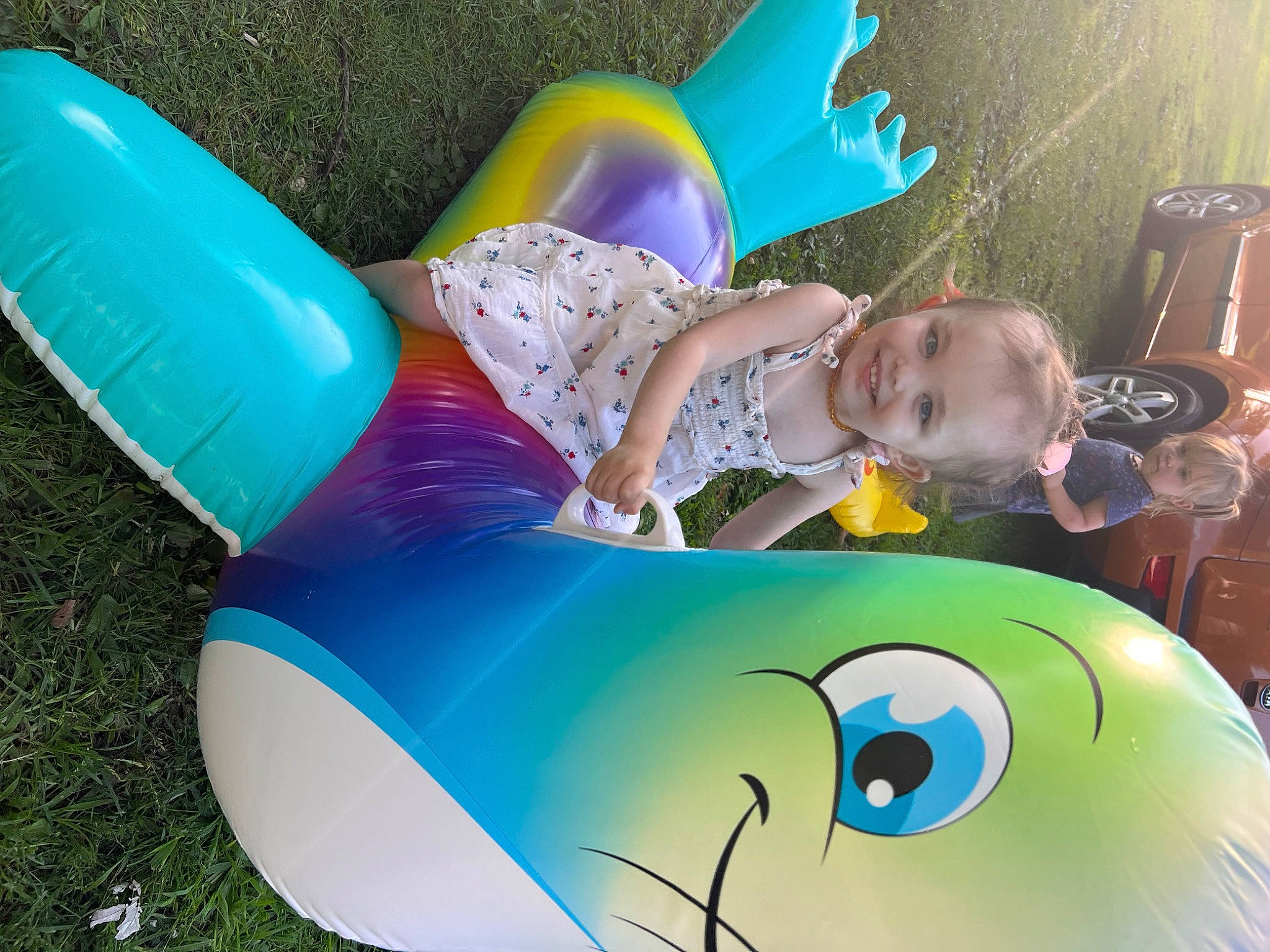 Evangelina joined the competition — help win amazing prizes! baby, blue, child, chute, electric_blue, fictional_character, fun, games, grass, green, happy, inflatable, joy, leisure, person, personal_protective_equipment, plastic, play, recreation, smile