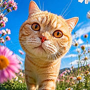 Yuki participe au concours pour gagner de l'argent avec cette photo : cat, orange_tabby, flowers, daisies, grass, meadow, blue_sky, nature, outdoor, whiskers, curious, close_up, animal, sunlight, spring, pet, walking, flora, greenery, bright