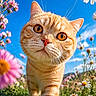 cat, orange_tabby, flowers, daisies, grass, meadow, blue_sky, nature, outdoor, whiskers, curious, close_up, animal, sunlight, spring, pet, walking, flora, greenery, bright