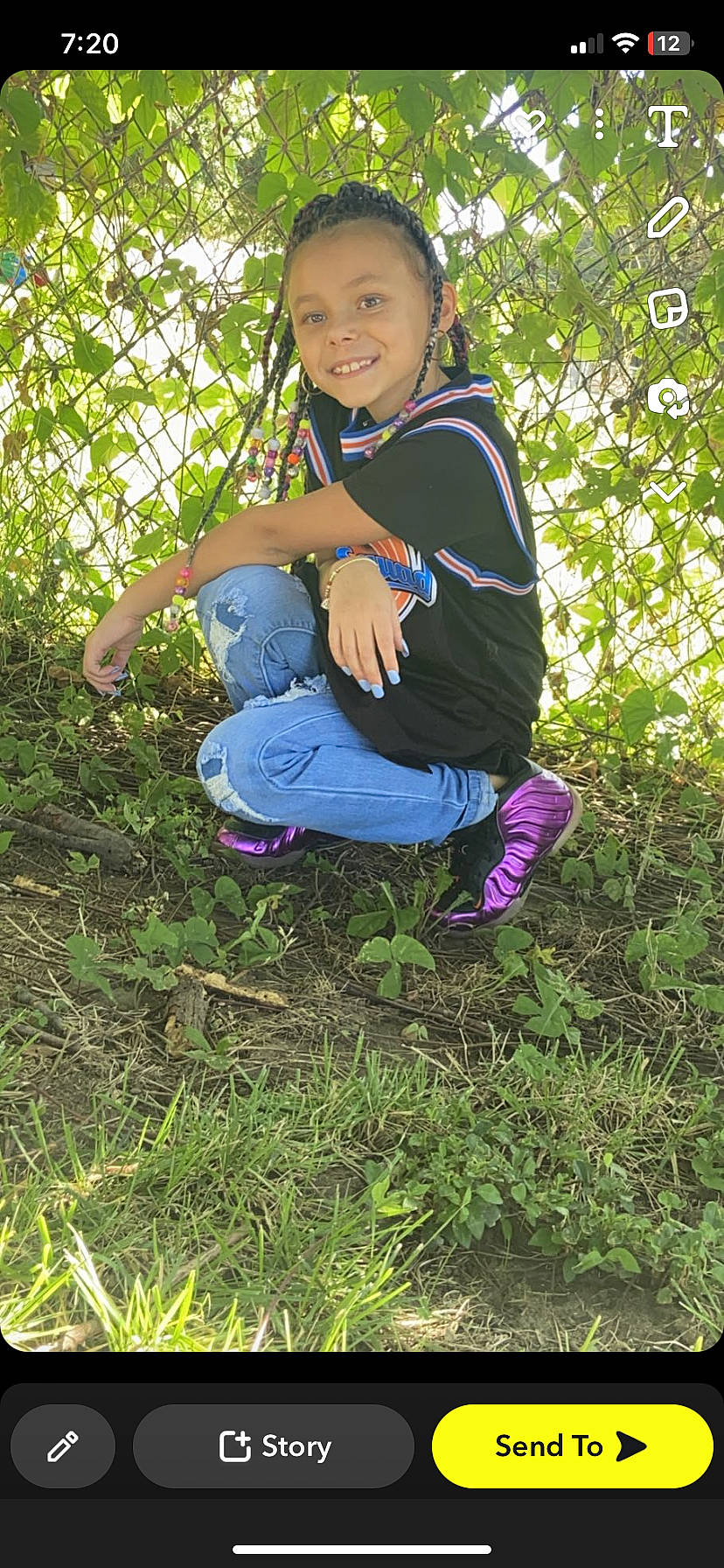 Kaleena is registered to the contest to win money with this photo: baby_toddler_clothing, botany, electric_blue, fun, grass, grassland, groundcover, happy, jeans, joy, leaf, leisure, nature, people_in_nature, person, plant, shoe, smile, soil, t_shirt