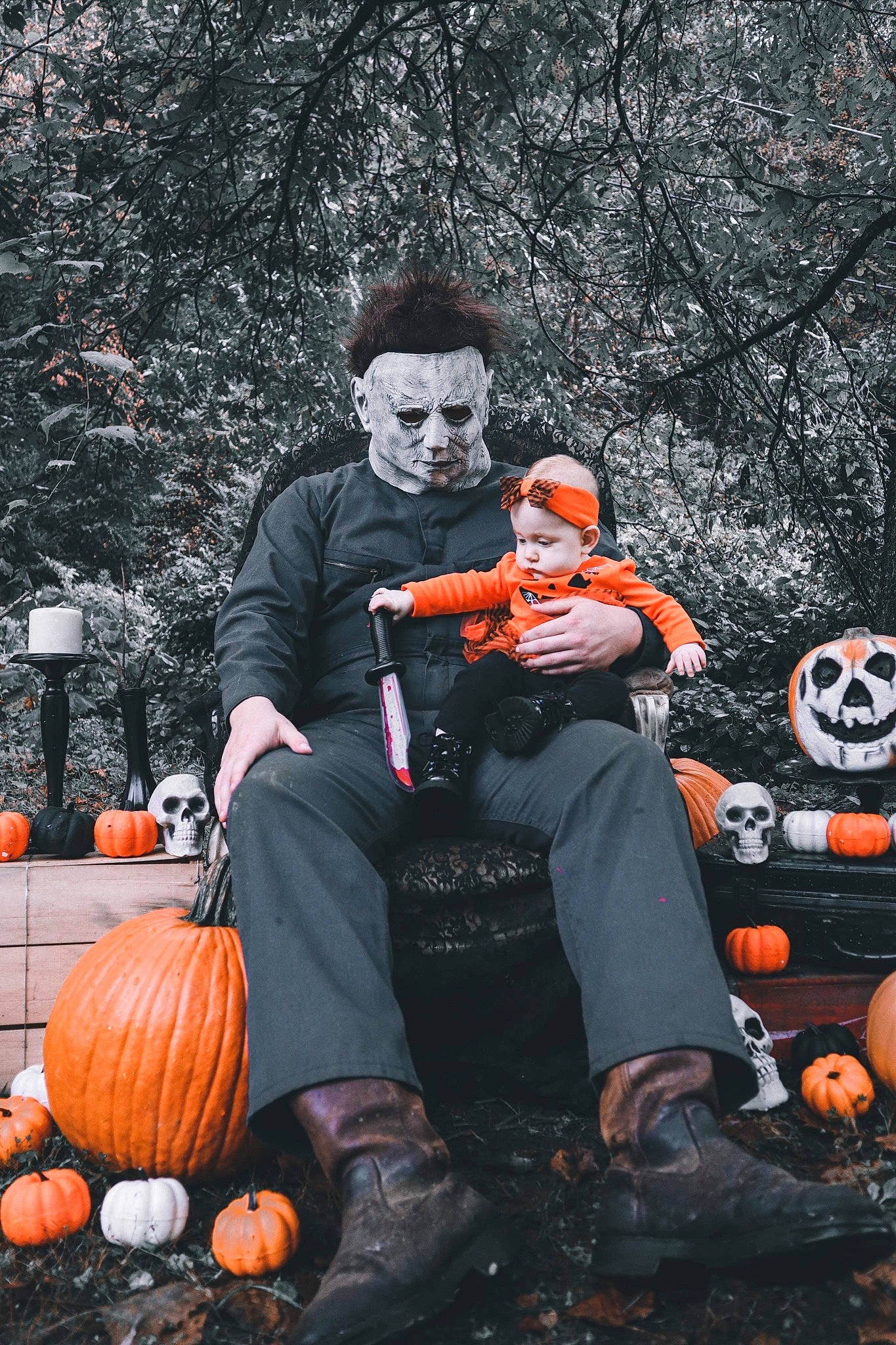 Avyanna is registered to the contest to win money with this photo: art, botany, calabaza, cucurbita, event, fun, gourd, grass, hat, jack_o_lantern, leisure, orange, person, plant, pumpkin, sitting, suit, tree, trick_or_treat, vegetable