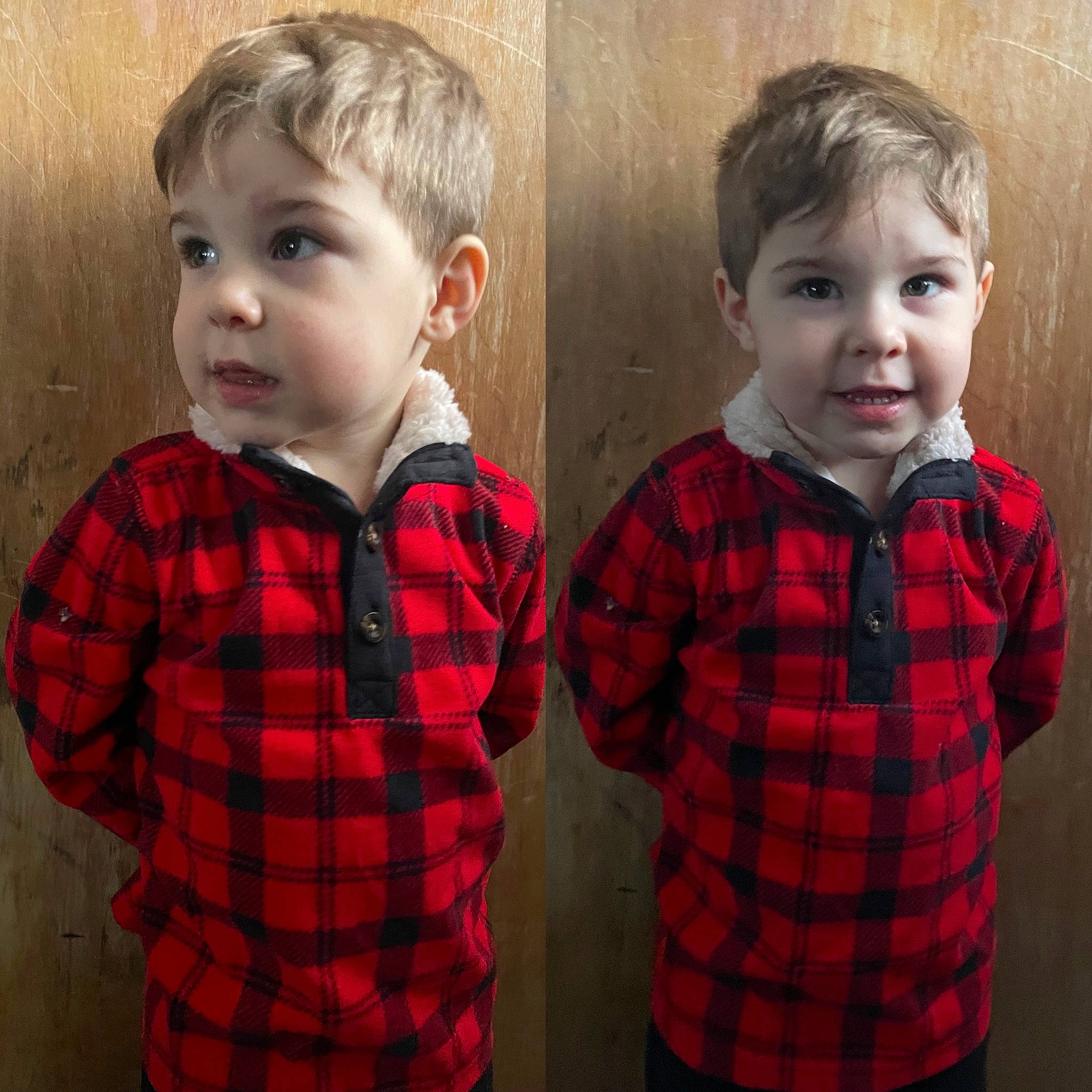 Clayton is registered to the contest to win money with this photo: baby_toddler_clothing, child, collar, composite_material, dress_shirt, eye, hair, happy, iris, neck, nose, pattern, person, plaid, sitting, sleeve, t_shirt, tartan, toddler