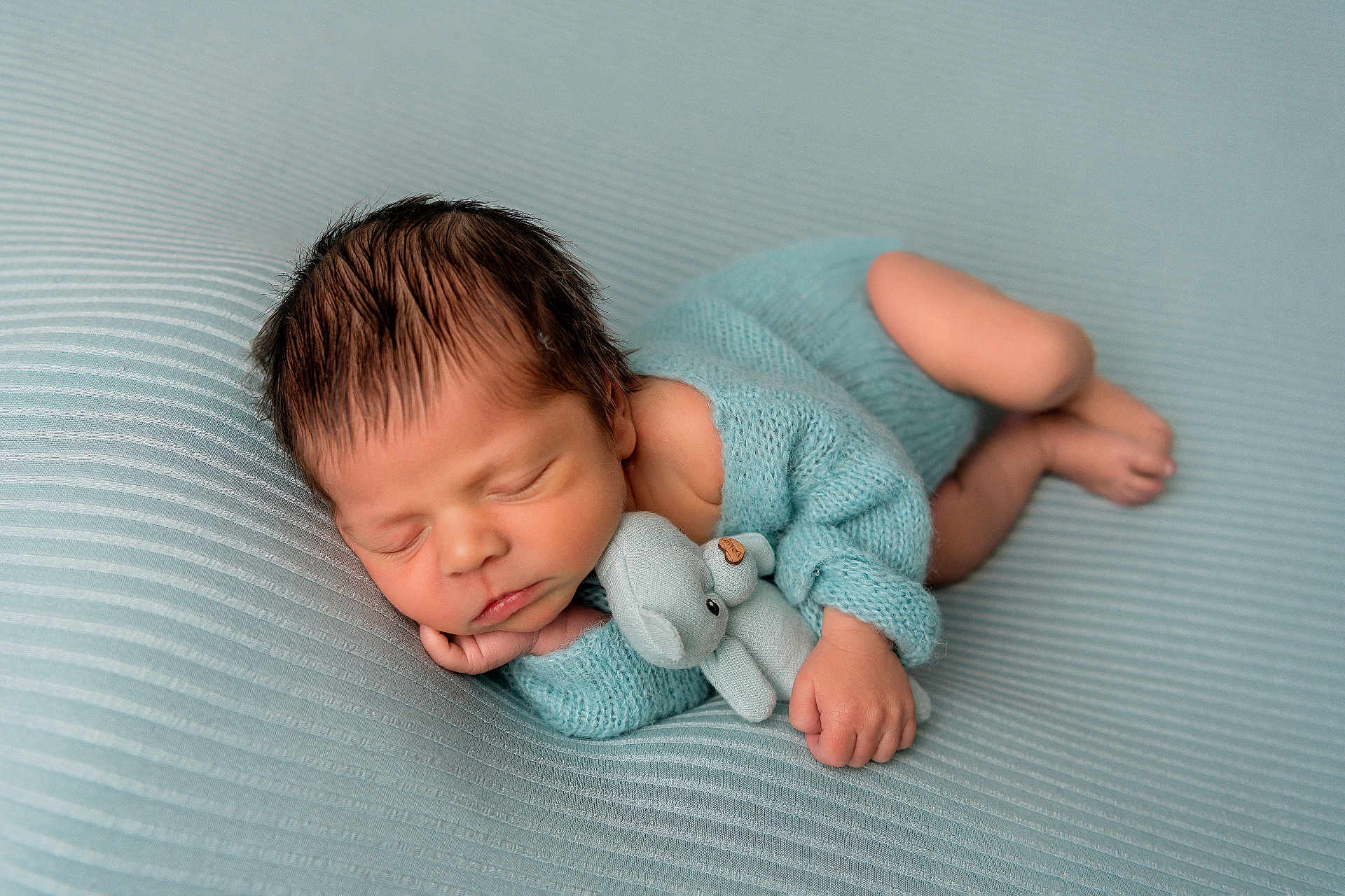Domenic is registered to the contest to win money with this photo: newborn, baby, sleeping, blue_outfit, knitted_clothing, stuffed_elephant, cuddling, soft_texture, blanket, infant, peaceful, cute, portrait, child, resting, indoors, closeup, adorable, tiny_hand, laying_down