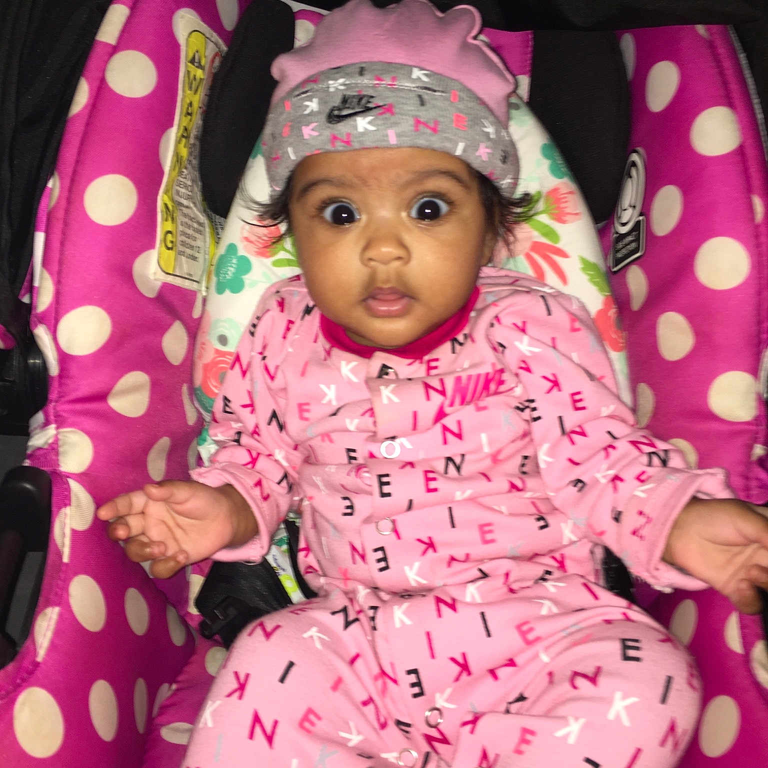 Rosalina White is registered to the contest to win money with this photo: baby, cheek, child, design, hair_accessory, headwear, magenta, pattern, person, pink, polka_dot, toddler