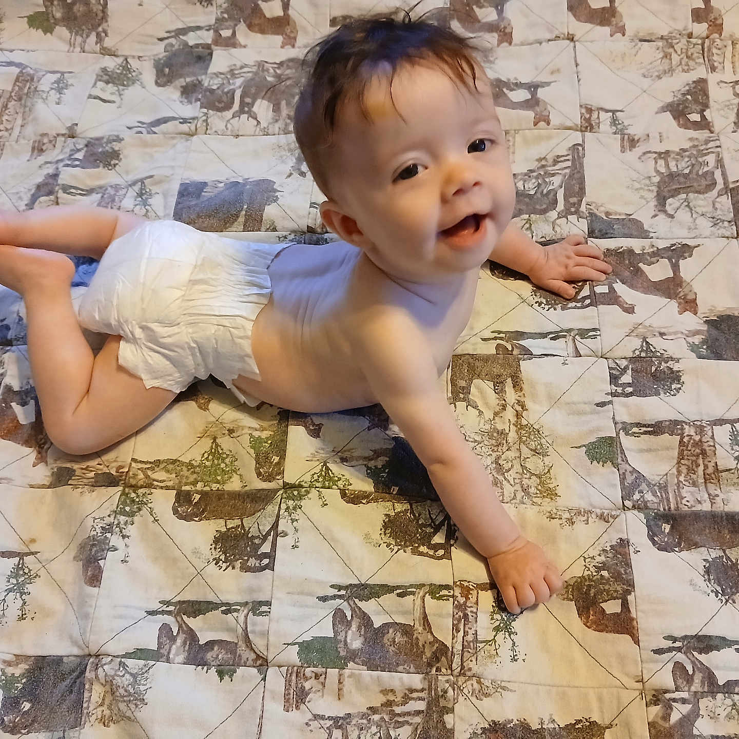 Skylar joined the competition — help win amazing prizes! baby, diaper, smile, lying_down, quilt, animal_print, child, happy, cute, infant, skin, hand, foot, bedspread, pattern, portrait, indoors, young_child, head, face
