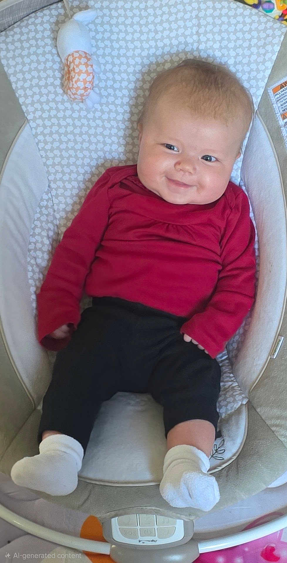 Eren is registered to the contest to win money with this photo: baby, infant, smiling, face, clothing, red_shirt, black_pants, white_socks, baby_rocker, cushion, toy, indoor, cute, happy, child, person, portrait, comfort, resting, young
