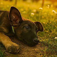 Rocky a rejoint le concours — aidez-le/la à gagner de superbes lots ! puppy, dog, grass, sunset, outdoor, animal, canine, nature, peaceful, lying_down, young, brown, ear, paw, field, golden_hour, cute, collar, relaxed, closeup