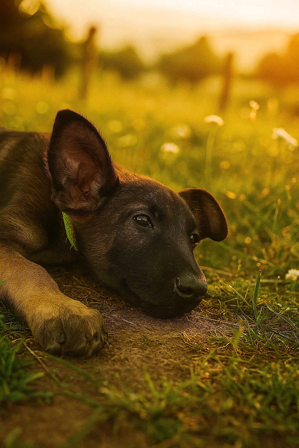 Rocky a rejoint le concours — aidez-le/la à gagner de superbes lots ! puppy, dog, grass, sunset, outdoor, animal, canine, nature, peaceful, lying_down, young, brown, ear, paw, field, golden_hour, cute, collar, relaxed, closeup