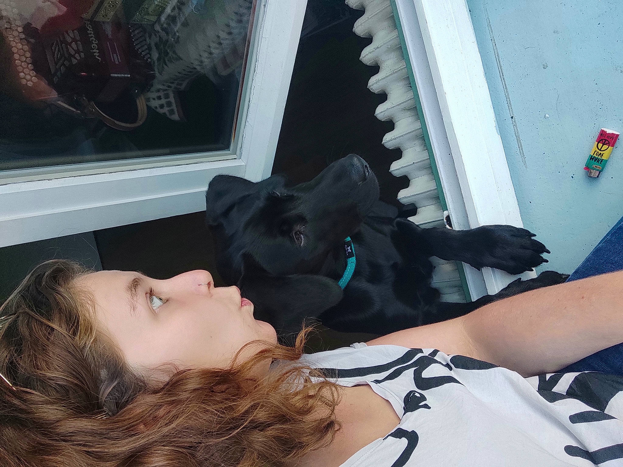 Scooby-doo a rejoint le concours — aidez-le/la à gagner de superbes lots ! bed, black_hair, comfort, eyelash, eyewear, fun, fur, gesture, human_leg, linens, long_hair, nap, room, selfie, sitting, sunglasses, t_shirt, thigh, toy, window