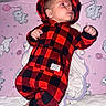 Summer joined the competition — help win amazing prizes! baby, infant, child, portrait, lying_down, bundled_up, snowsuit, hood, plaid, red, black, pink, blanket, elephant_pattern, mattress, quilted, indoors, baby_clothing, barefoot, looking_away