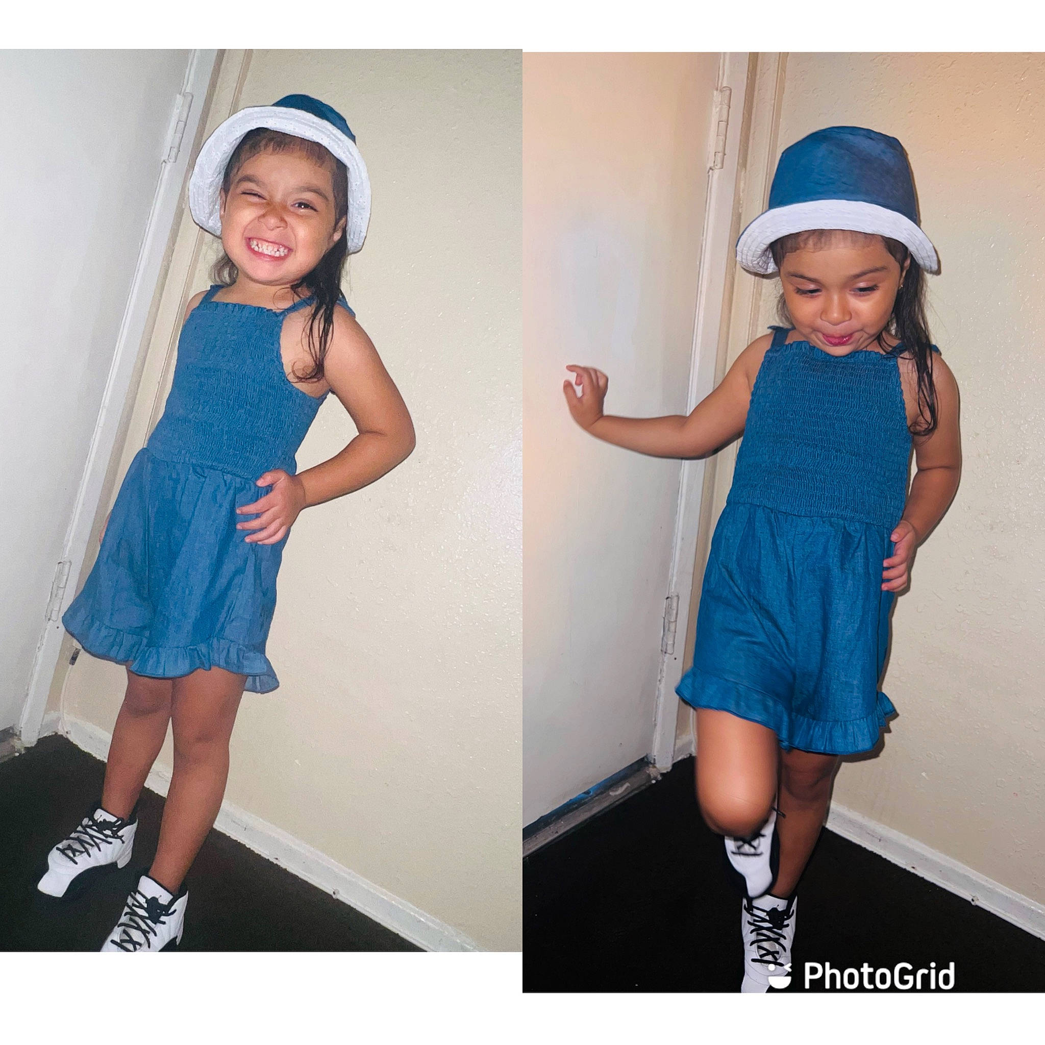 Aubree is registered to the contest to win money with this photo: arm, azure, baby_toddler_clothing, black, clothing, fashion, gesture, happy, headwear, joint, joy, leg, neck, one_piece_garment, outerwear, person, product, purple, shoulder, sleeve