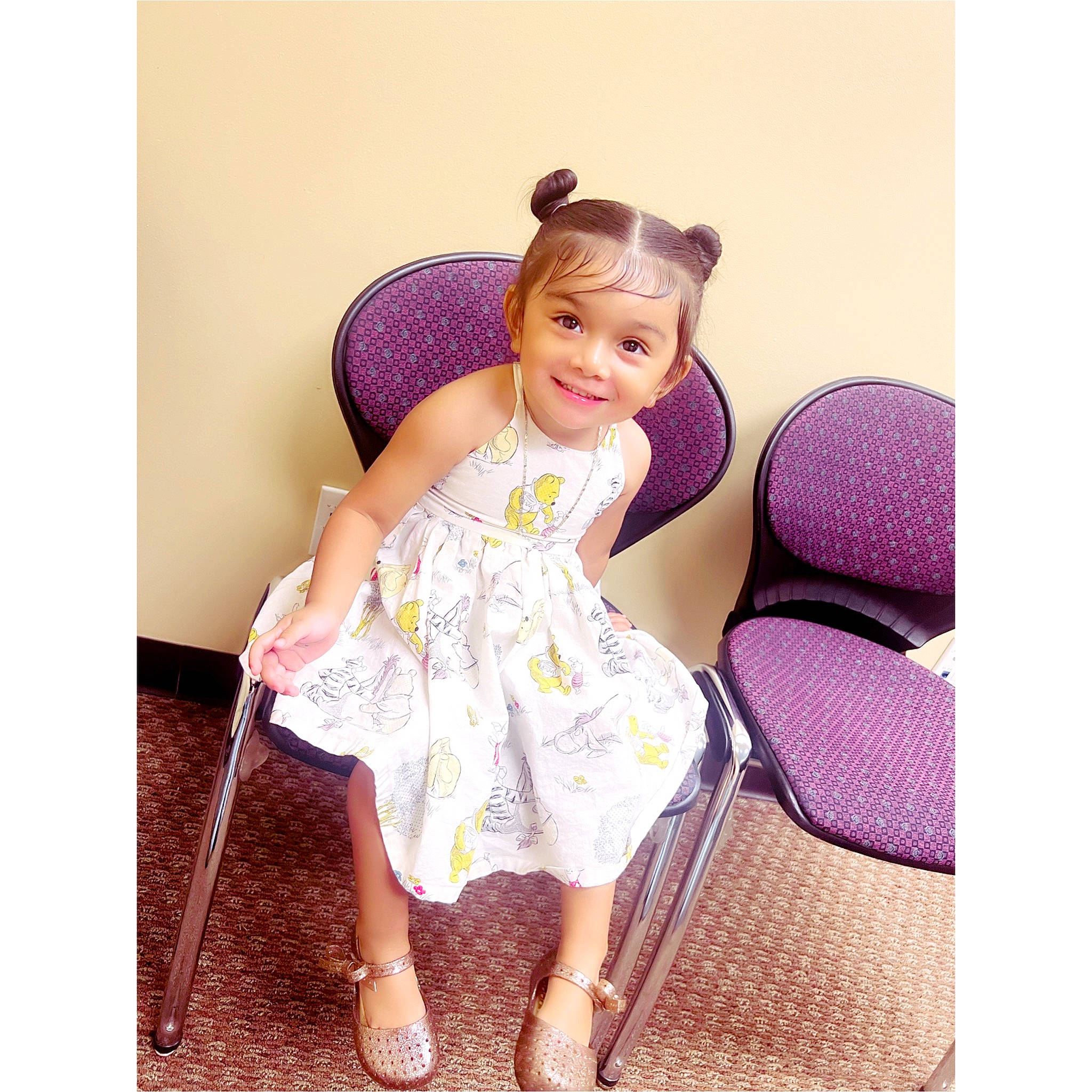 Alaia is registered to the contest to win money with this photo: baby_toddler_clothing, day_dress, dress, eye, face, fashion_design, fun, happy, human_leg, joy, leg, magenta, pattern, person, purple, sleeve, smile, textile, thigh, toddler