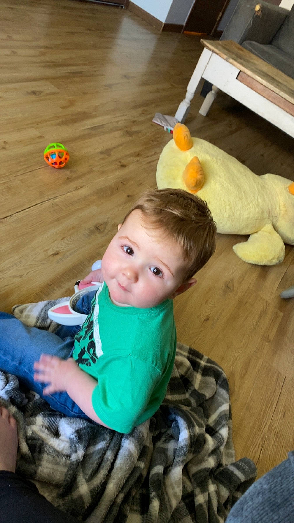 Colton joined the competition — help win amazing prizes! baby, baby_products, baby_toddler_clothing, chair, cheek, child, floor, flooring, fun, happy, hardwood, leisure, person, play, room, sitting, stuffed_toy, toddler, toy, wood