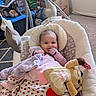 Miyu joined the competition — help win amazing prizes! baby, baby_gear, baby_swing, blanket, carpet, child, close_up, cozy, happy, indoor, infant, living_room, pink_clothing, plush_toy, portrait, sitting, smiling, strawberry_pattern, stuffed_dog, toys