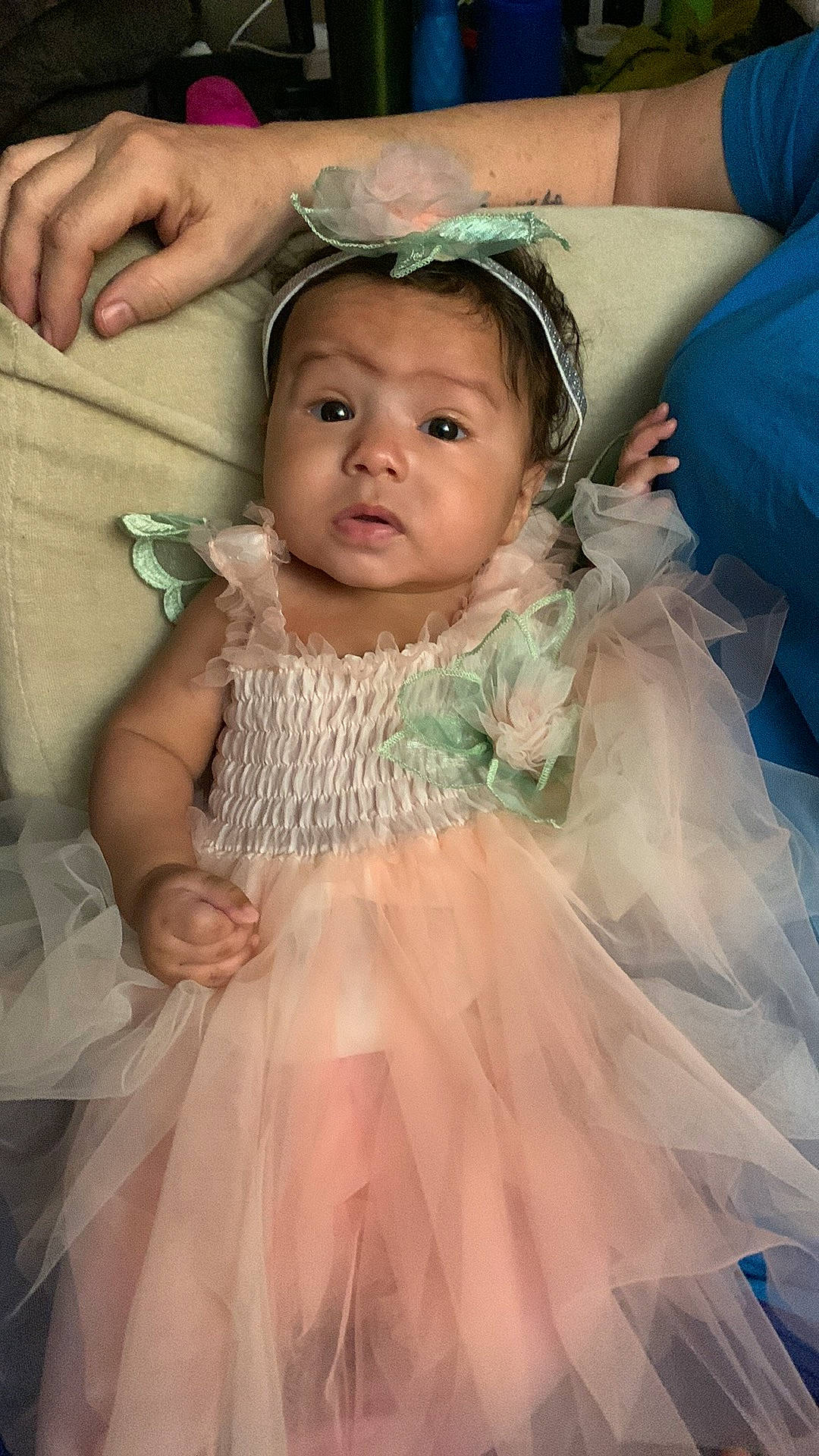 Addison is registered to the contest to win money with this photo: ballet_tutu, bridal_clothing, dress, eye, eyelash, face, finger, flash_photography, gesture, gown, green, hand, happy, head, headgear, headpiece, iris, person, photograph, skin