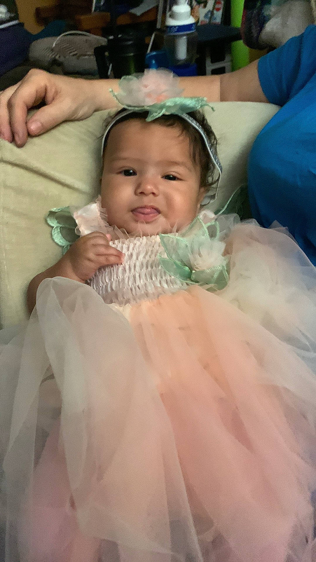 Addison is registered to the contest to win money with this photo: baby, bridal_accessory, bridal_clothing, child, dress, event, eye, eyelash, formal_wear, fun, gown, hairstyle, happy, headpiece, iris, person, pink, skin, toddler, veil