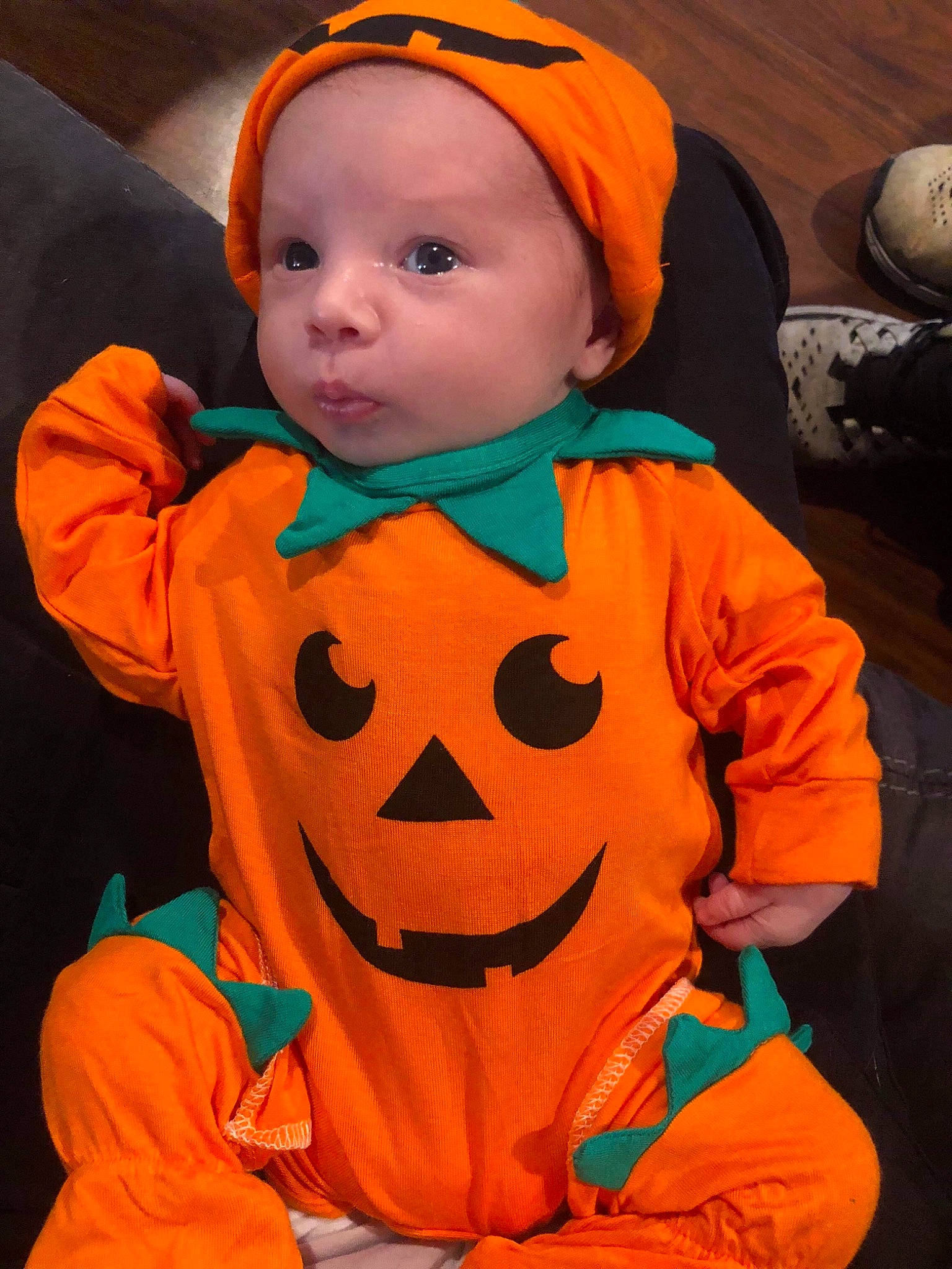 Everleigh is registered to the contest to win money with this photo: boy, calabaza, child, clothing, costume, face, halloween, happiness, infant, orange, outerwear, person, product, pumpkin, smile, toddler, yellow
