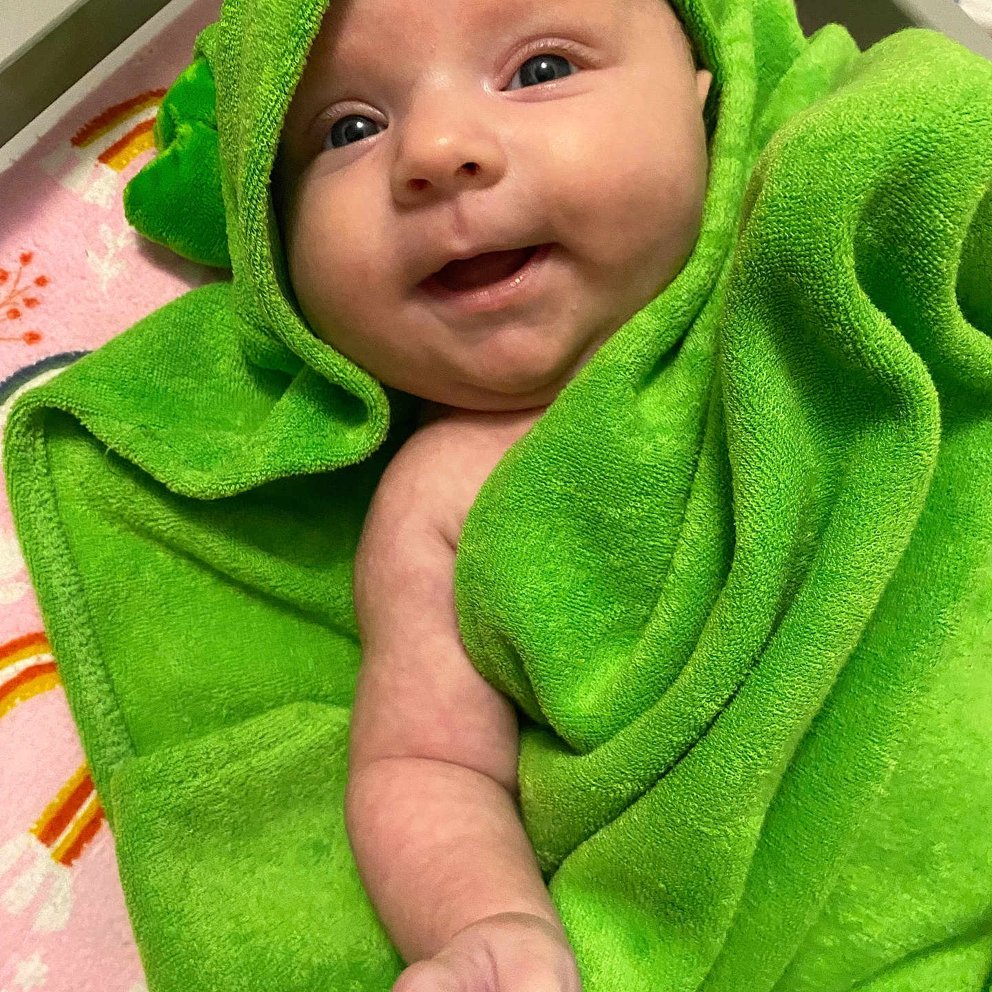 Willow joined the competition — help win amazing prizes! baby, bathtowel, blanket, bodypart, bonnet, clothing, face, fleece, green, happy, hat, head, hood, newborn, person, photography, portrait, quilt, smile, towel