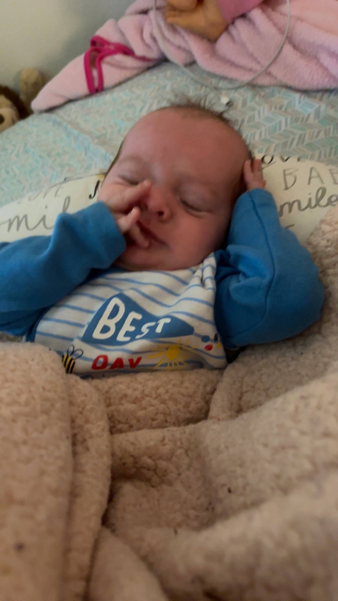 Lincoln is registered to the contest to win money with this photo: baby, baby_products, baby_sleeping, bed_sheet, bedding, bedtime, blanket, cheek, child, comfort, finger, linens, nap, nose, organ, person, room, skin, sleep, textile