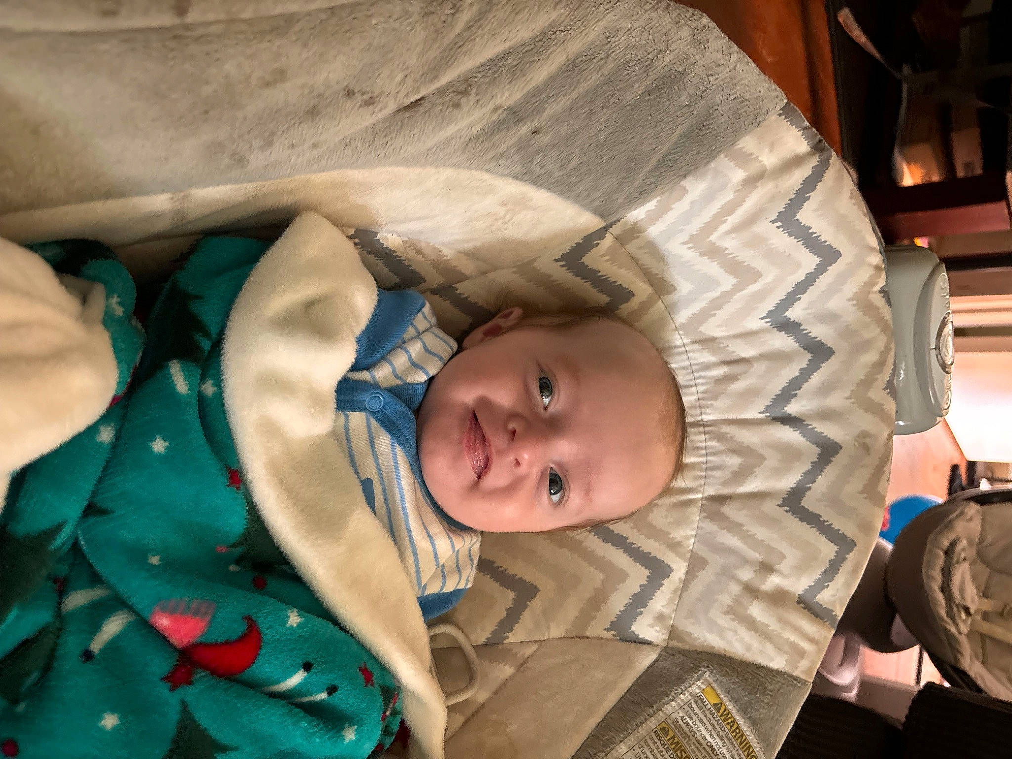 Lincoln is registered to the contest to win money with this photo: baby, baby_carriage, baby_products, baby_safety, baby_toddler_clothing, backpack, bag, cheek, child, comfort, eye, linens, luggage_and_bags, person, room, sitting, smile, toddler, tree, wood