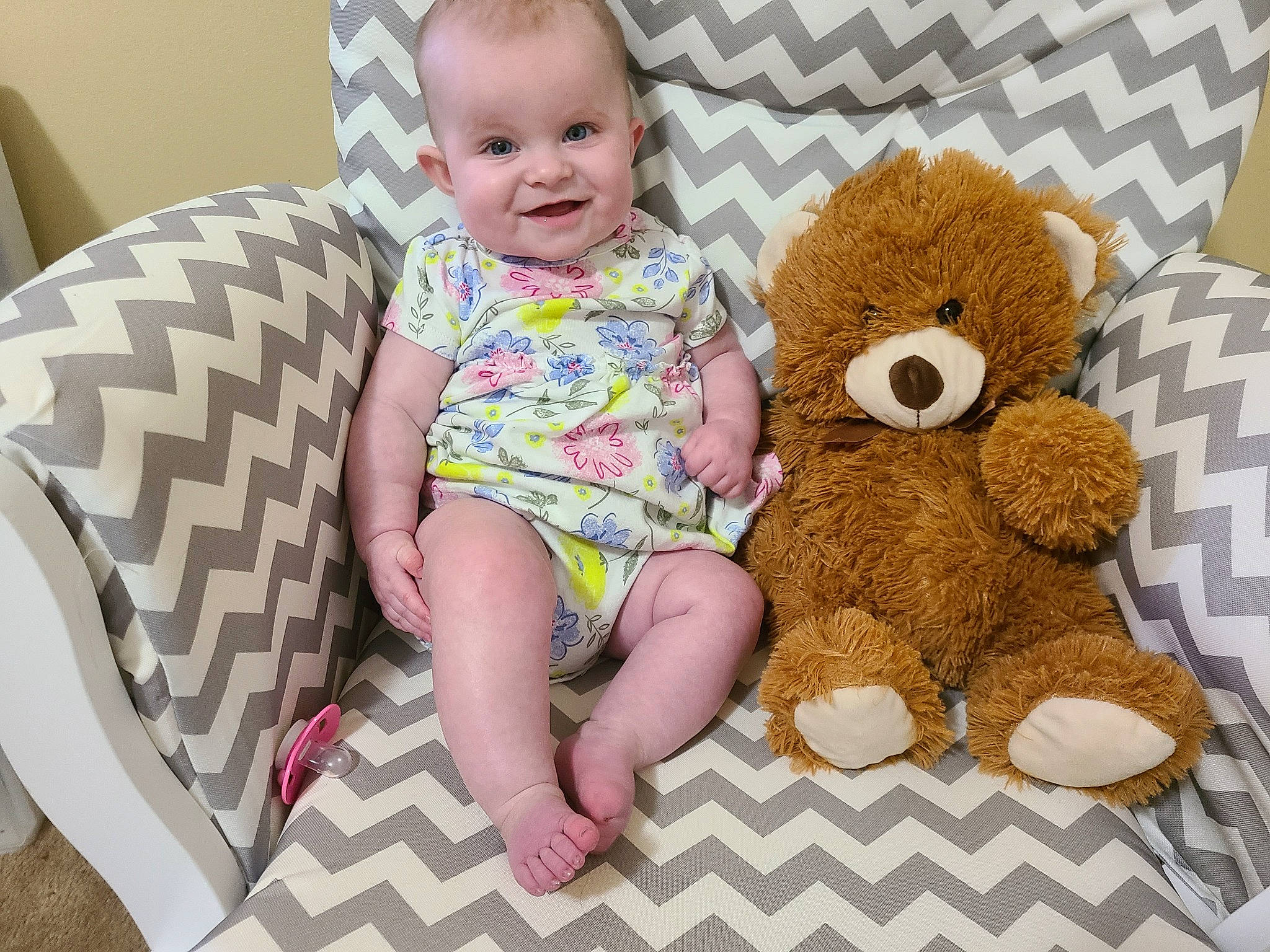 Abigail joined the competition — help win amazing prizes! baby, baby_toddler_clothing, chair, cheek, child, comfort, couch, happy, head, joy, mammal, person, product, skin, sleeve, smile, stuffed_toy, teddy_bear, textile, thigh