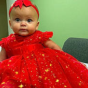 Nyla joined the competition — help win amazing prizes! baby, child, infant, portrait, red_dress, hair_bow, headband, sparkly_dress, formalwear, sitting, face, eyes, looking_at_camera, indoor, chair, green_wall, fashion, cute, colorful, photography