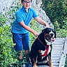 adventure, blue_shirt, blue_shorts, boy, child, dog, glasses, greenery, happy, leisure, nature, outdoor, panting, pet, red_harness, rocks, smiling, summer, walking, wooden_path