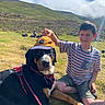 Tess participe au concours pour gagner de l'argent avec cette photo : boy, casual_clothing, child, clouds, dog, grass, hat, hill, landscape, leash, nature, outdoor, people, pet, playful, resting, sky, smiling, summer, sunlight