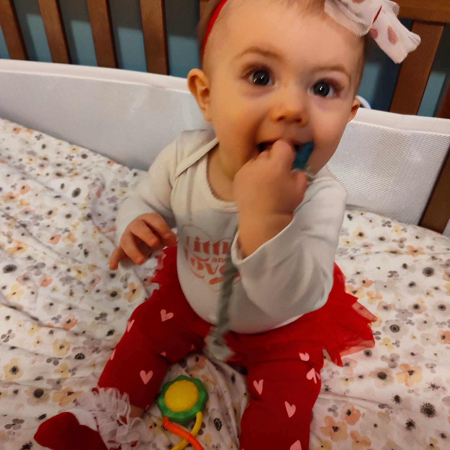 Scarlett joined the competition — help win amazing prizes! baby, bed, blanket, bodypart, couch, crib, cushion, face, finger, furniture, hand, head, homedecor, indoors, infantbed, nursery, person, photography, portrait, room