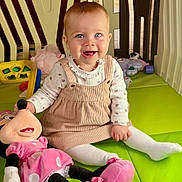 Lizy participe au concours pour gagner de l'argent avec cette photo : baby, child, infant, smiling, sitting, playpen, play_mat, green_mat, plush_toy, minnie_mouse, pink_shoes, corduroy_dress, white_tights, blue_eyes, indoor, kitchen_background, toy_block, happy, portrait, close_up