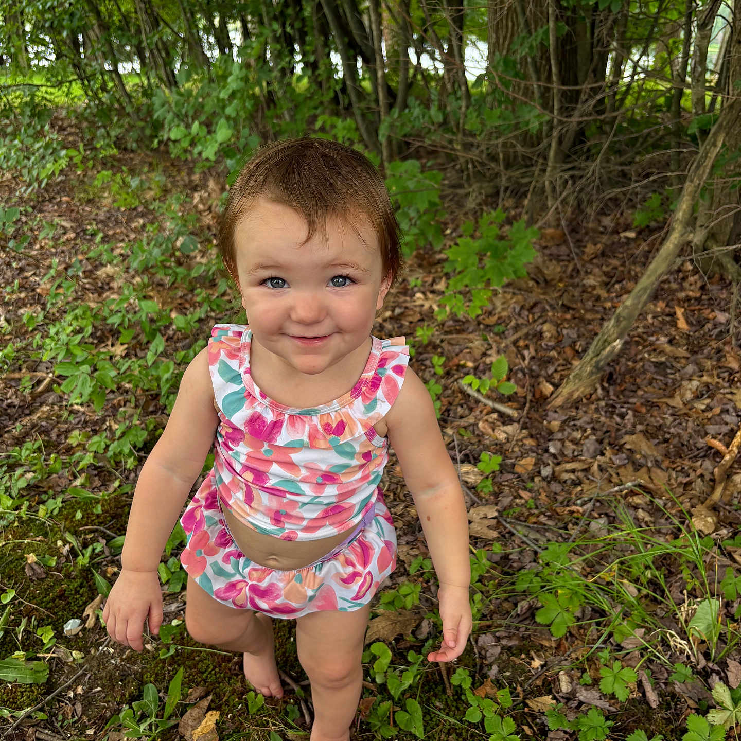 Madysin joined the competition — help win amazing prizes! child, toddler, smiling, portrait, outdoors, forest, woodland, nature, greenery, trees, leaves, plants, barefoot, floral_outfit, dress, standing, face, hair, happy, exploration