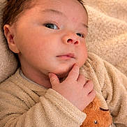 Emilio a rejoint le concours — aidez-le/la à gagner de superbes lots ! baby, newborn, infant, face, hand, finger_on_chin, towel, blanket, plush_toy, fox, onesie, clothing, cozy, portrait, close_up, hair, eyes, lying_down, soft_texture, sleepy