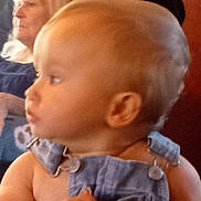 Alaeleea is registered to the contest to win money with this photo: baby, child, person, denim_overalls, clothing, hand, face, profile, blurry, indoor, adult, older_woman, background, skin, hair, seated, holding, looking, people, casual