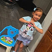 Linda is registered to the contest to win money with this photo: blue_chair, cabinet, child, cute, door, floor, footwear, gesture, girl, hair_accessory, happy, indoor, living_room, minnie_mouse, pose, shorts, smile, toy_chair, tshirt, wooden_floor