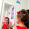 Linda joined the competition — help win amazing prizes! child, girl, red_dress, mirror, reflection, lipstick, bow, hair, room, poster, dresser, lamp, wall, bracelet, necklace, furniture, indoor, play, curious, portrait