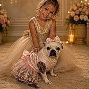 Princesa joined the competition — help win amazing prizes! child, girl, smiling, dog, french_bulldog, dress, pink, gold, bow, flower_arrangement, carpet, candle, indoor, portrait, cute, pet, happy, elegant, warm_lighting, celebration