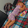 Sophia is registered to the contest to win money with this photo: toddler, sleeping, pajamas, baby_bottle, princess, blanket, plaid, backpack, headphones, indoor, child, resting, cozy, floor, nap, clothing, person, cute, quiet, peaceful