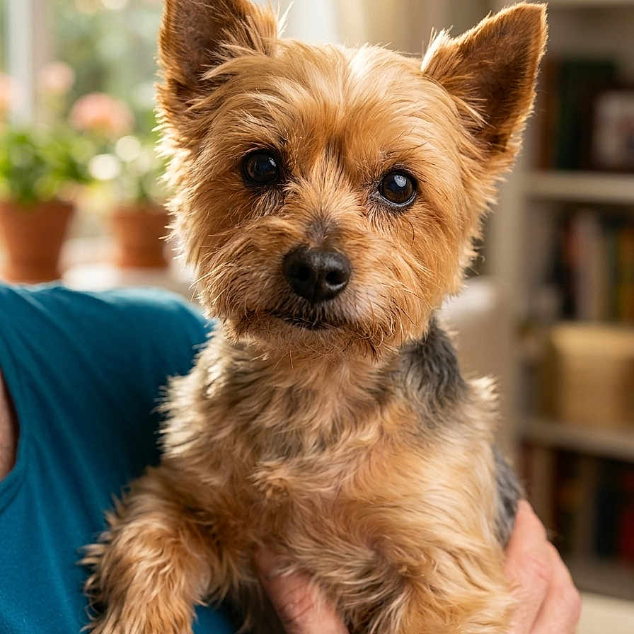Crunchy a rejoint le concours — aidez-le/la à gagner de superbes lots ! dog, small_dog, pet, animal, fur, ears, eyes, face, portrait, indoors, person, hand, holding, blue_shirt, blurred_background, plant, bookshelf, cozy, cute, companion